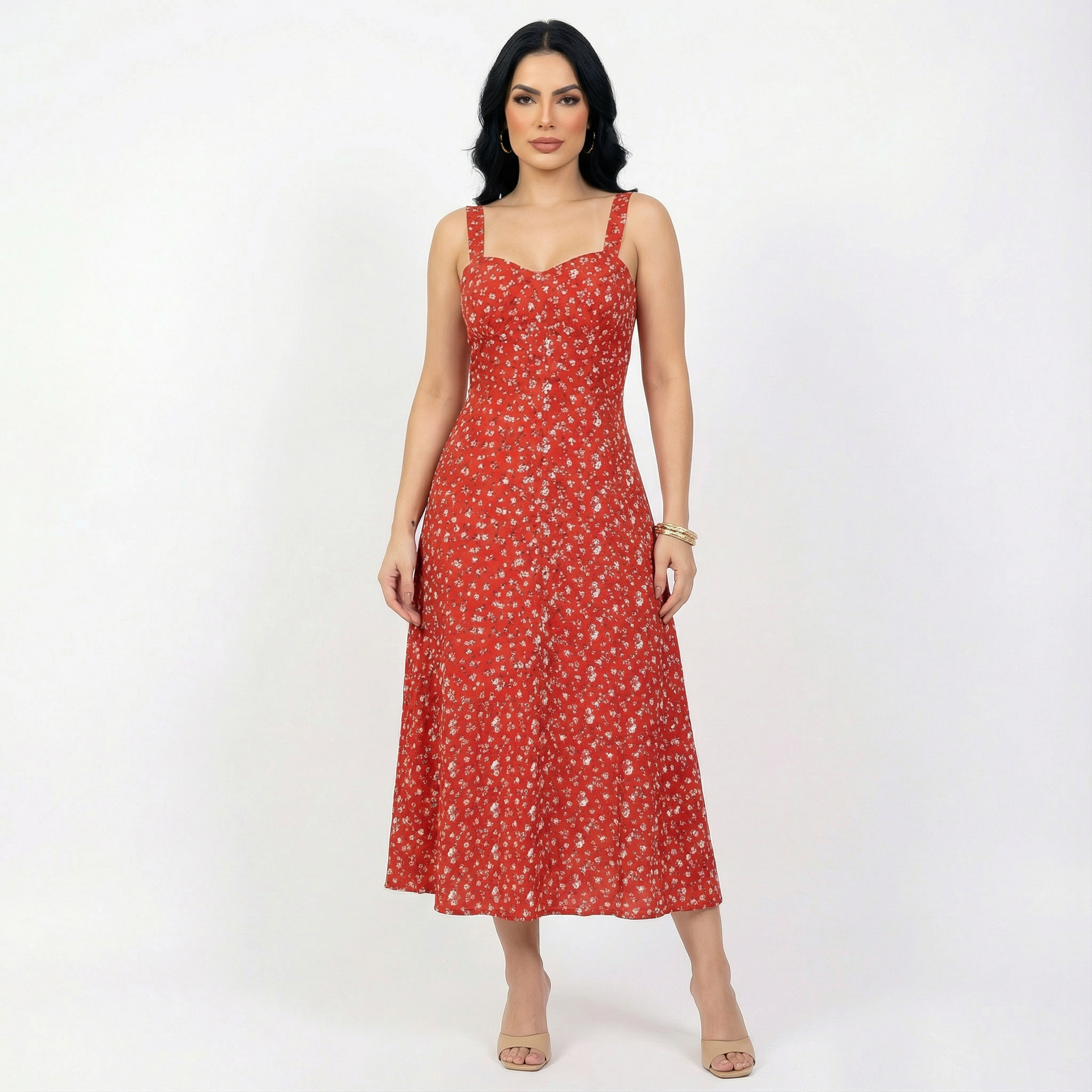Vestido Feminino Midi Vermelho Lunare Floral Fenda Lateral Laço Busto
