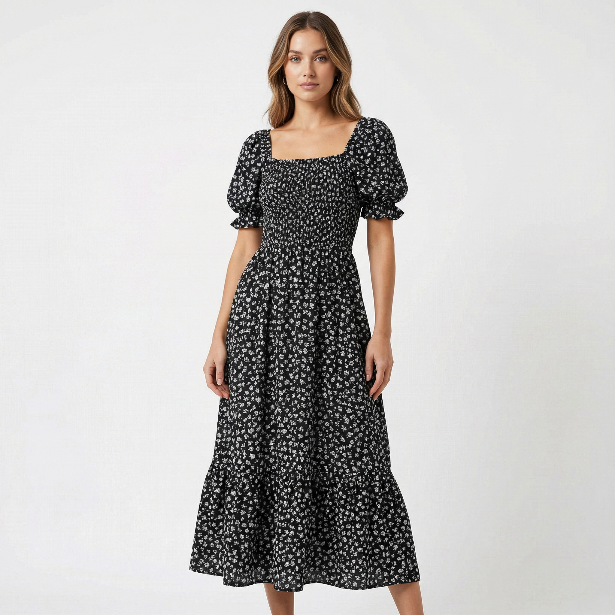 Vestido Longo Lunare Preto Manga Princesa Floral Crepinho Moda Evangélica