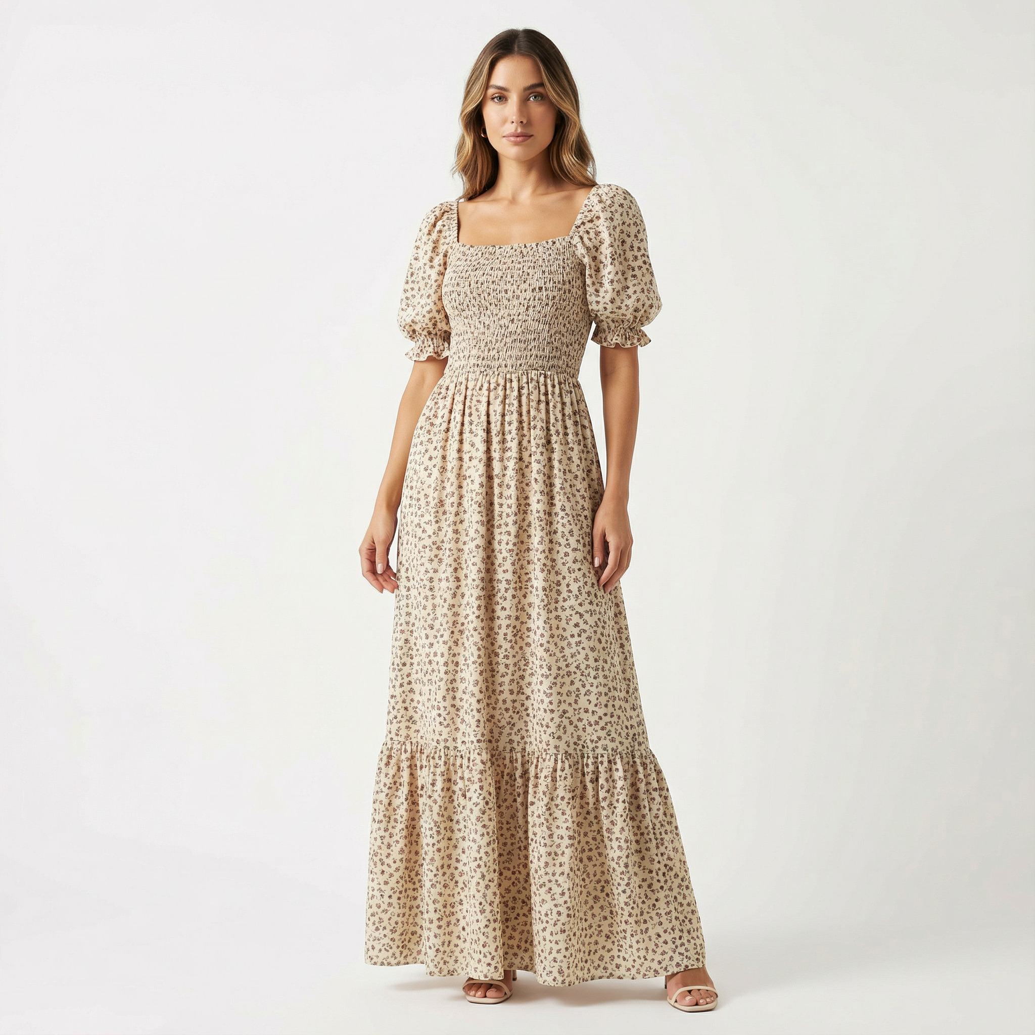 Vestido Longo Lunare Bege Manga Princesa Floral Crepinho Moda Evangélica