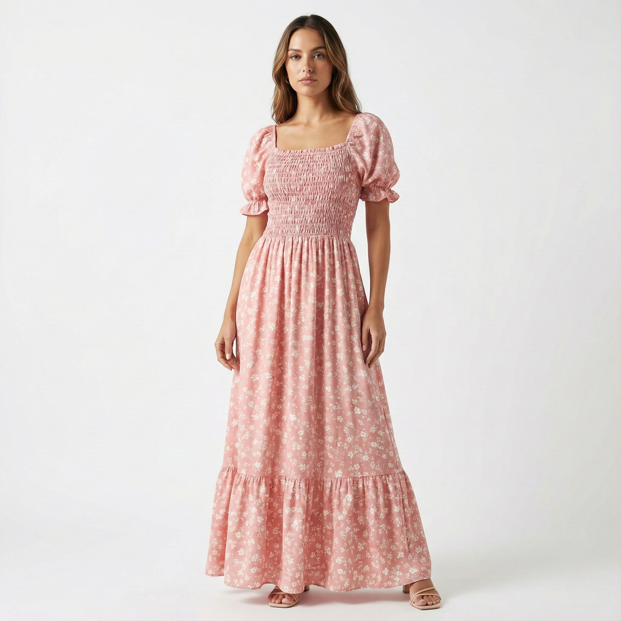 Vestido Longo Lunare Rosa Manga Princesa Floral Crepinho Moda Evangélica