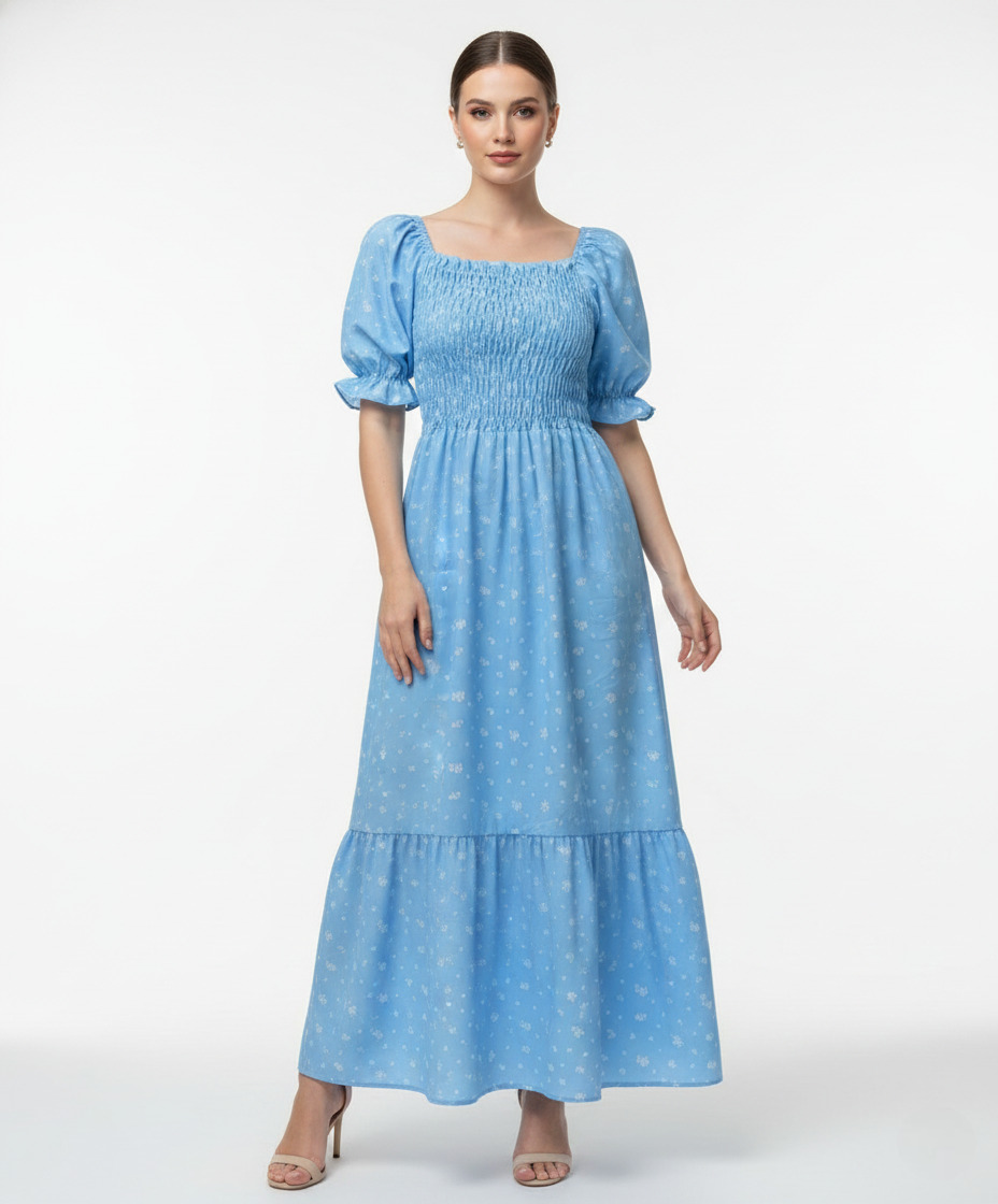 Vestido Longo Lunare Azul Bebe Manga Princesa Floral Crepinho Moda Evangélica