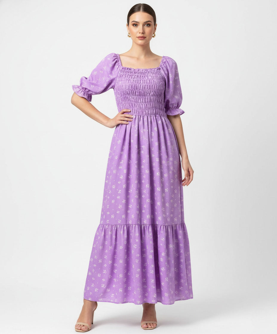 Vestido Longo Lunare Lavanda Manga Princesa Floral Crepinho Moda Evangélica