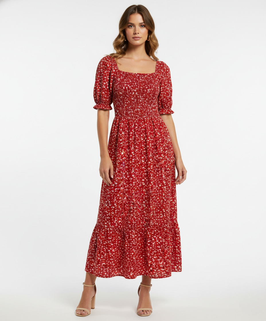 Vestido Longo Lunare Vermelho Manga Princesa Floral Crepinho Moda Evangélica