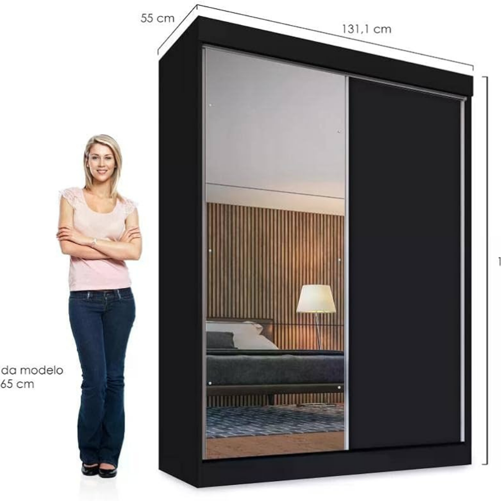 Guarda-Roupa Solteiro 2 Portas de Correr 2 Gavetas e  Espelho Peônia Yescasa