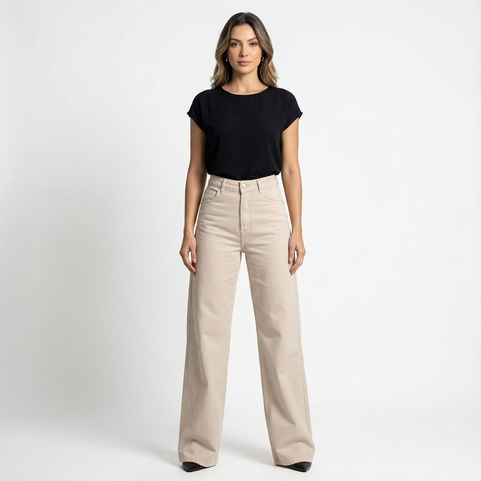 Calça Jeans Feminina Wide Leg Lunare Bege Cintura Alta Pantalona Premium