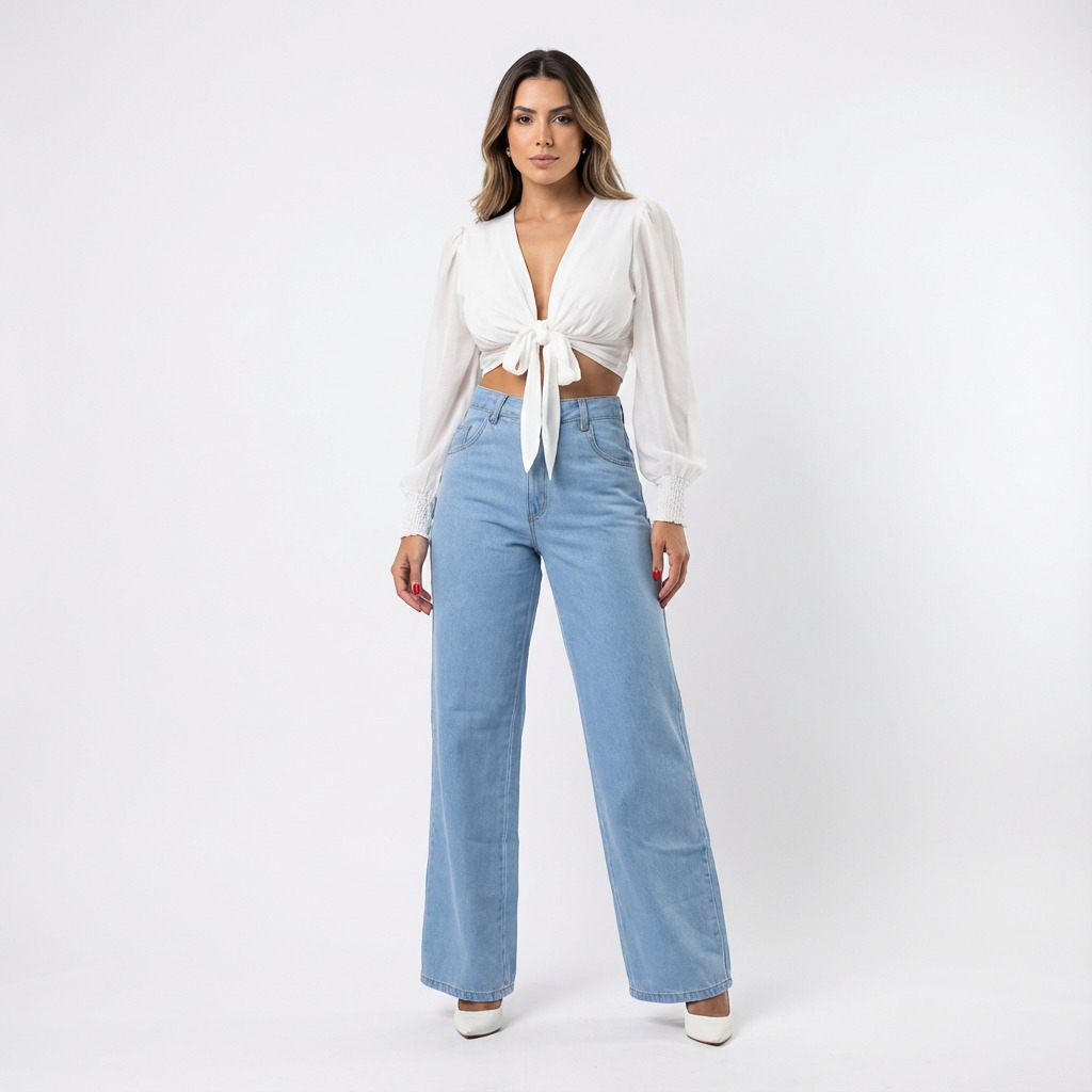 Calça Jeans Feminina Wide Leg Lunare Claro Cintura Alta Pantalona Premium