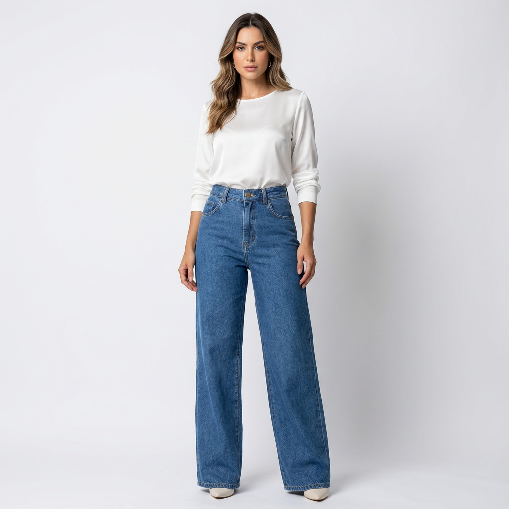 Calça Jeans Feminina Wide Leg Lunare Escura Cintura Alta Pantalona Premium
