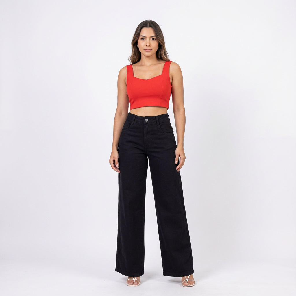 Calça Jeans Feminina Wide Leg Lunare Preto Cintura Alta Pantalona Premium