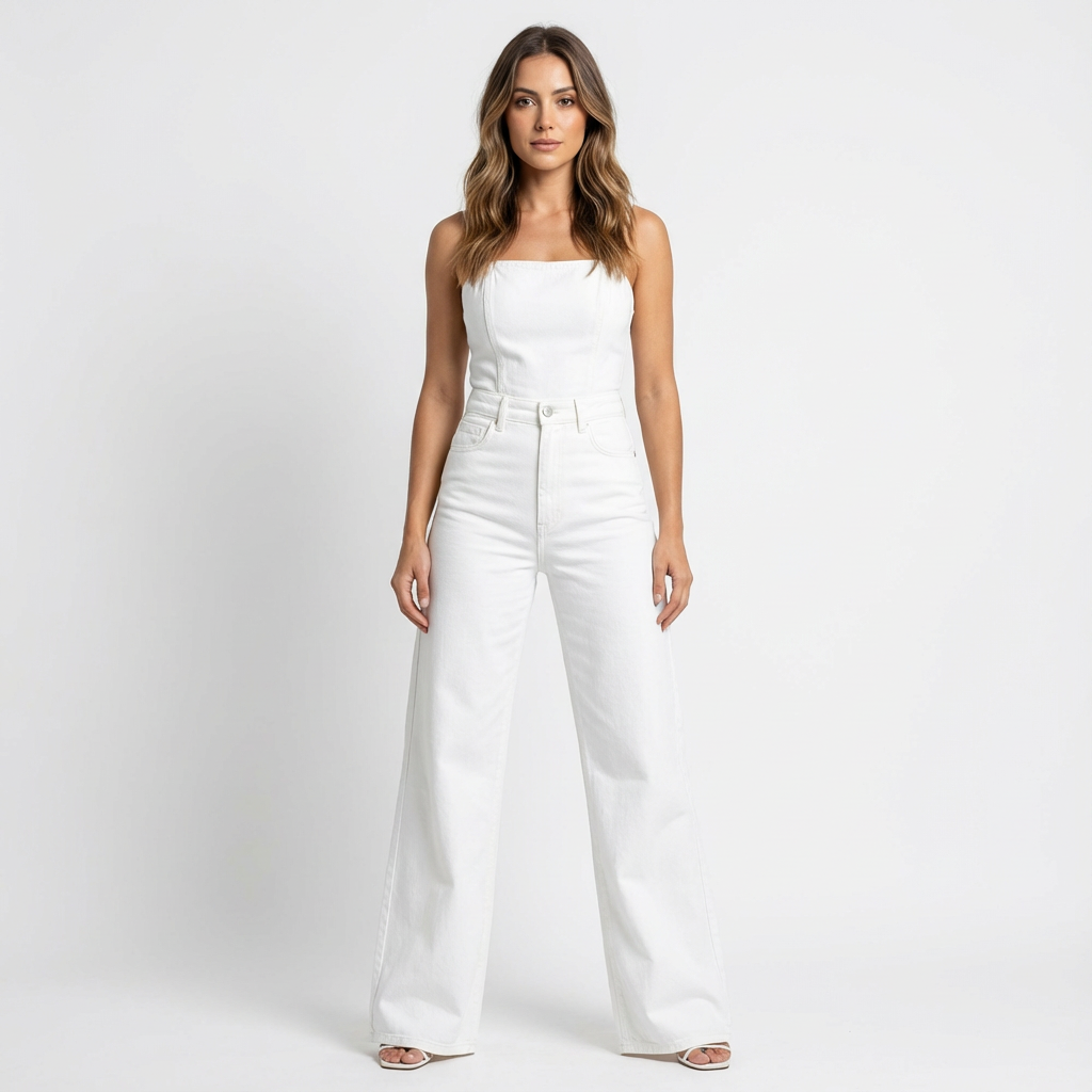 Calça Jeans Feminina Wide Leg Lunare Branco Cintura Alta Pantalona Premium