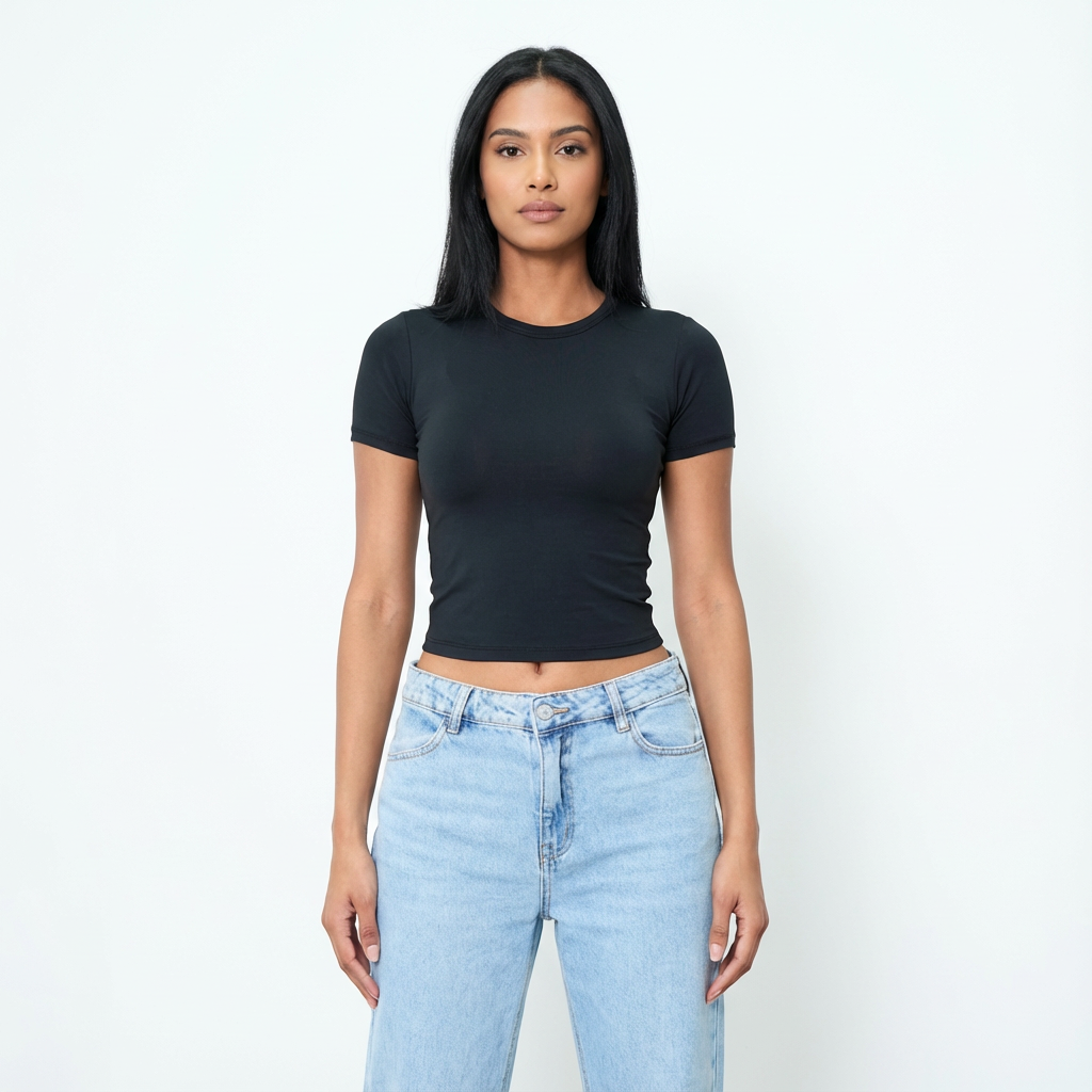 Blusa Baby Tee Feminina Lunare Bege Slim Fit Manga Curta Romantic Compressão