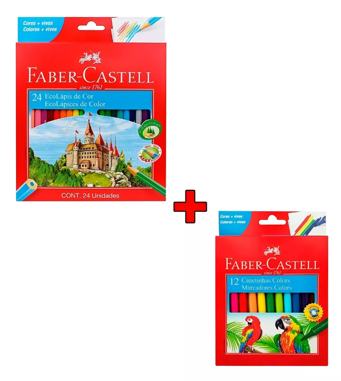 Kit Lápis De Cor 24 Cores + 12 Canetinhas Hidrocor Faber Castell