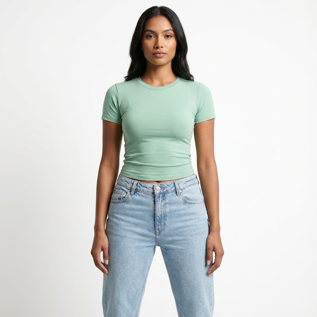 Blusa Baby Tee Feminina Lunare Verde claro Slim Fit Manga Curta Romantic Compressão