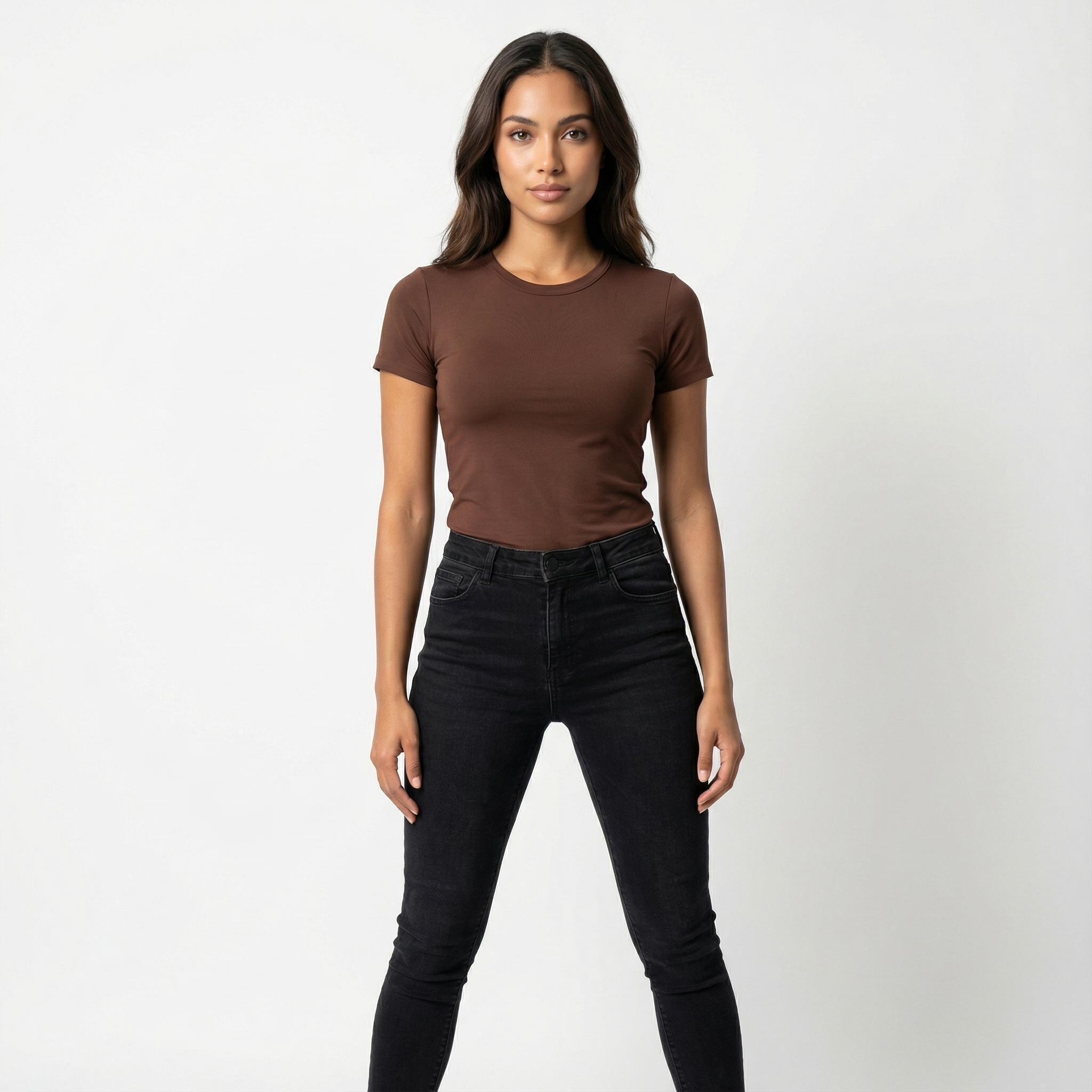 Blusa Baby Tee Feminina Lunare Marrom Slim Fit Manga Curta Romantic Compressão