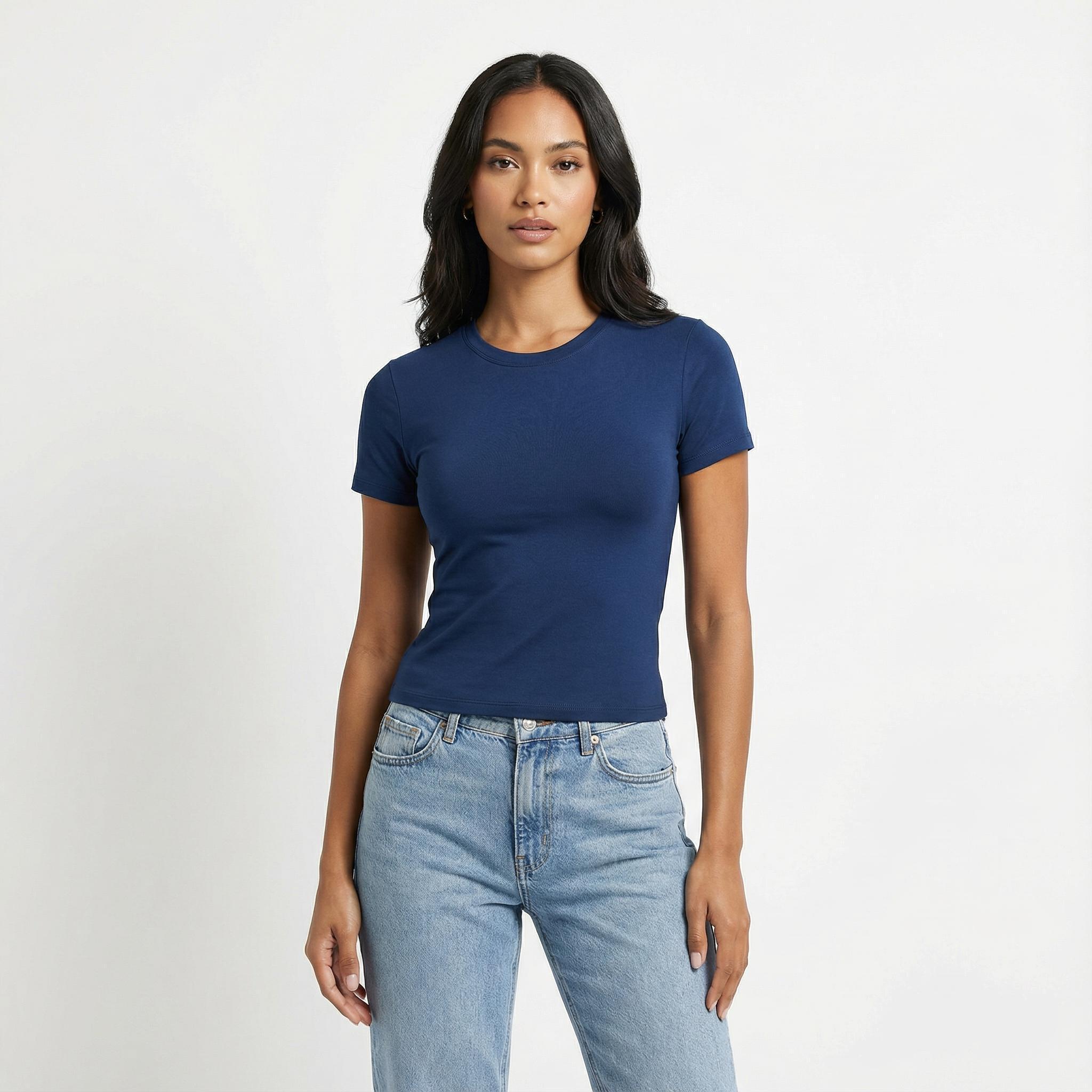 Blusa Baby Tee Feminina Lunare Azul Escuro Slim Fit Manga Curta Romantic Compressão