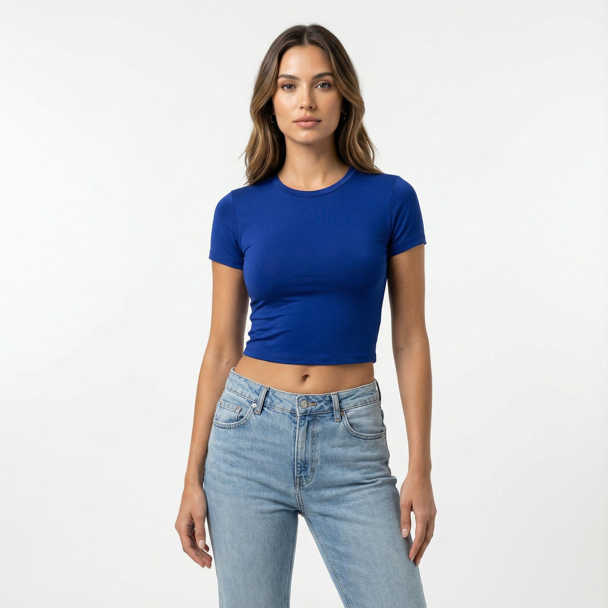 Blusa Baby Tee Feminina Lunare Azul Slim Fit Manga Curta Romantic Compressão