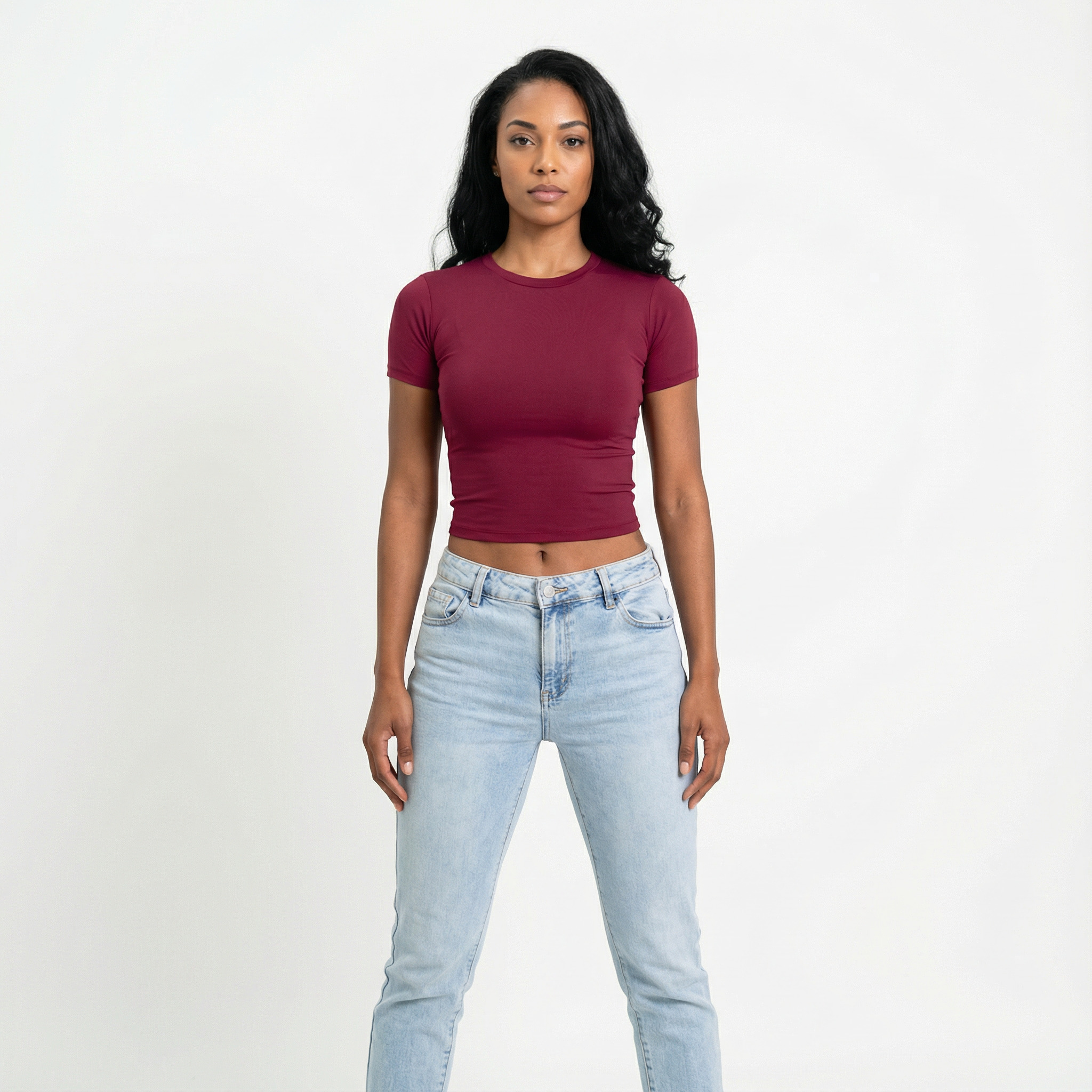 Blusa Baby Tee Feminina Lunare Bordô Slim Fit Manga Curta Romantic Compressão