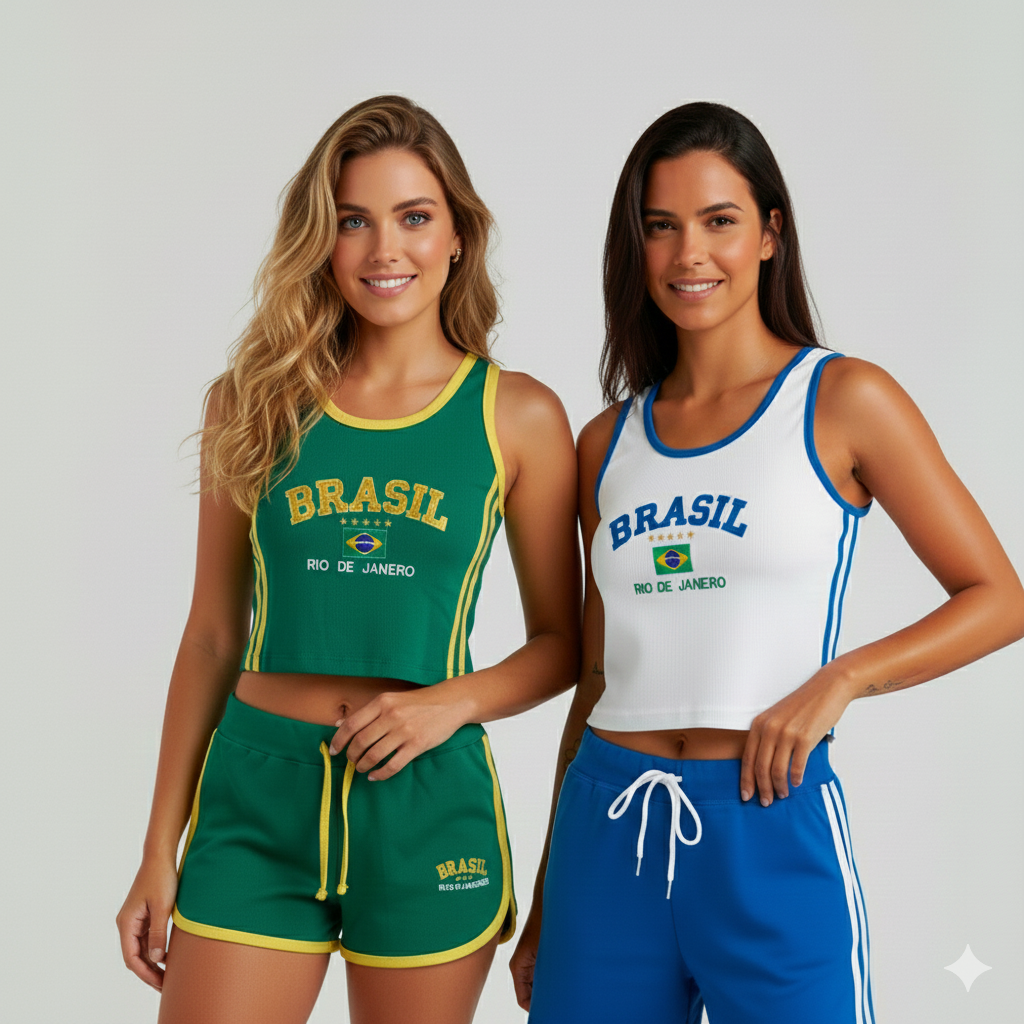 2 Regatas Cropped Bordada "Brasil" Feminina