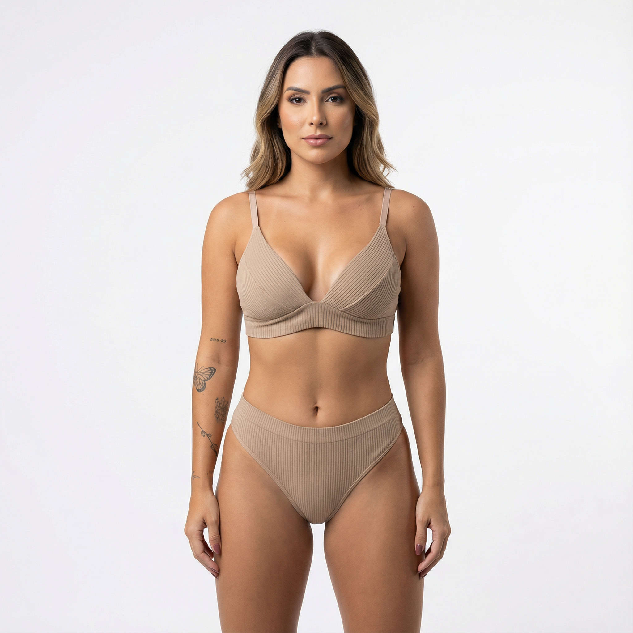 Sutiã Sem Aro Lunare Bege Microfibra Bojo Soft Canelado Confort Alças Reguláveis