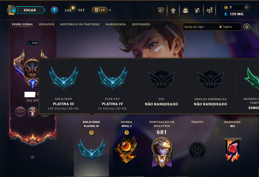 Platina 3 com TODOS os Champs e 131 Skins ( ADC / SUP ) - ( Nivel 542 )