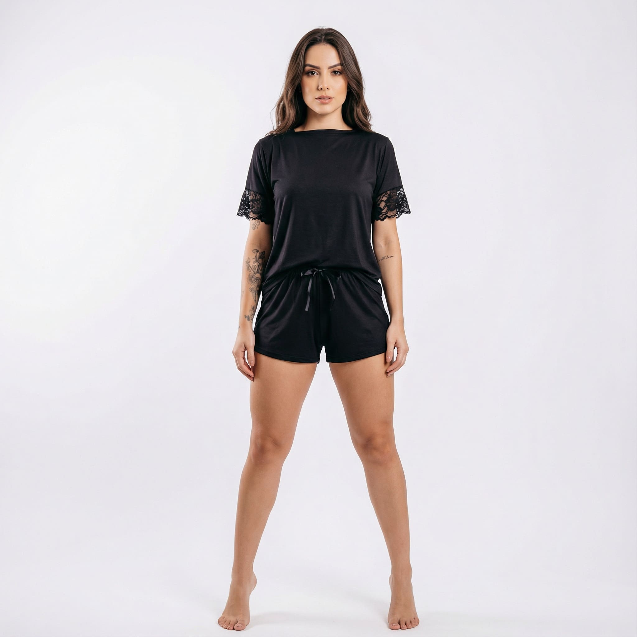 Pijama Baby Doll Feminino Lunare Micro Sensitivy Renda Preto Conforto