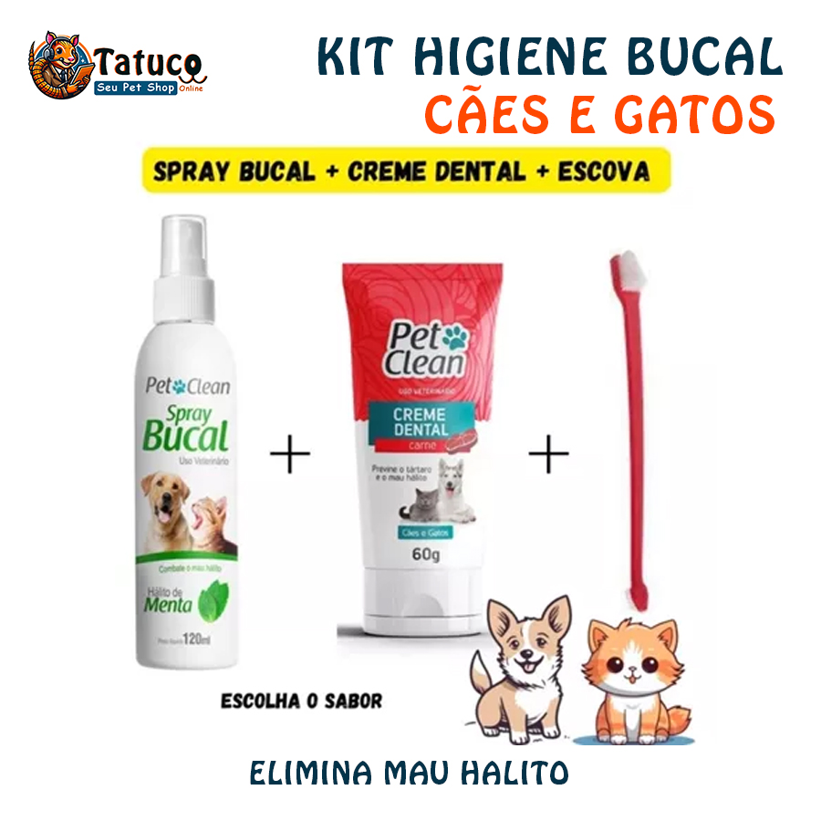 KIT COMPLETO HIGIENE BUCAL CÃES E GATOS CREME DENTAL E SPRAY PET CLEAN + ESCOVA - ELIMINA MAU HALITO