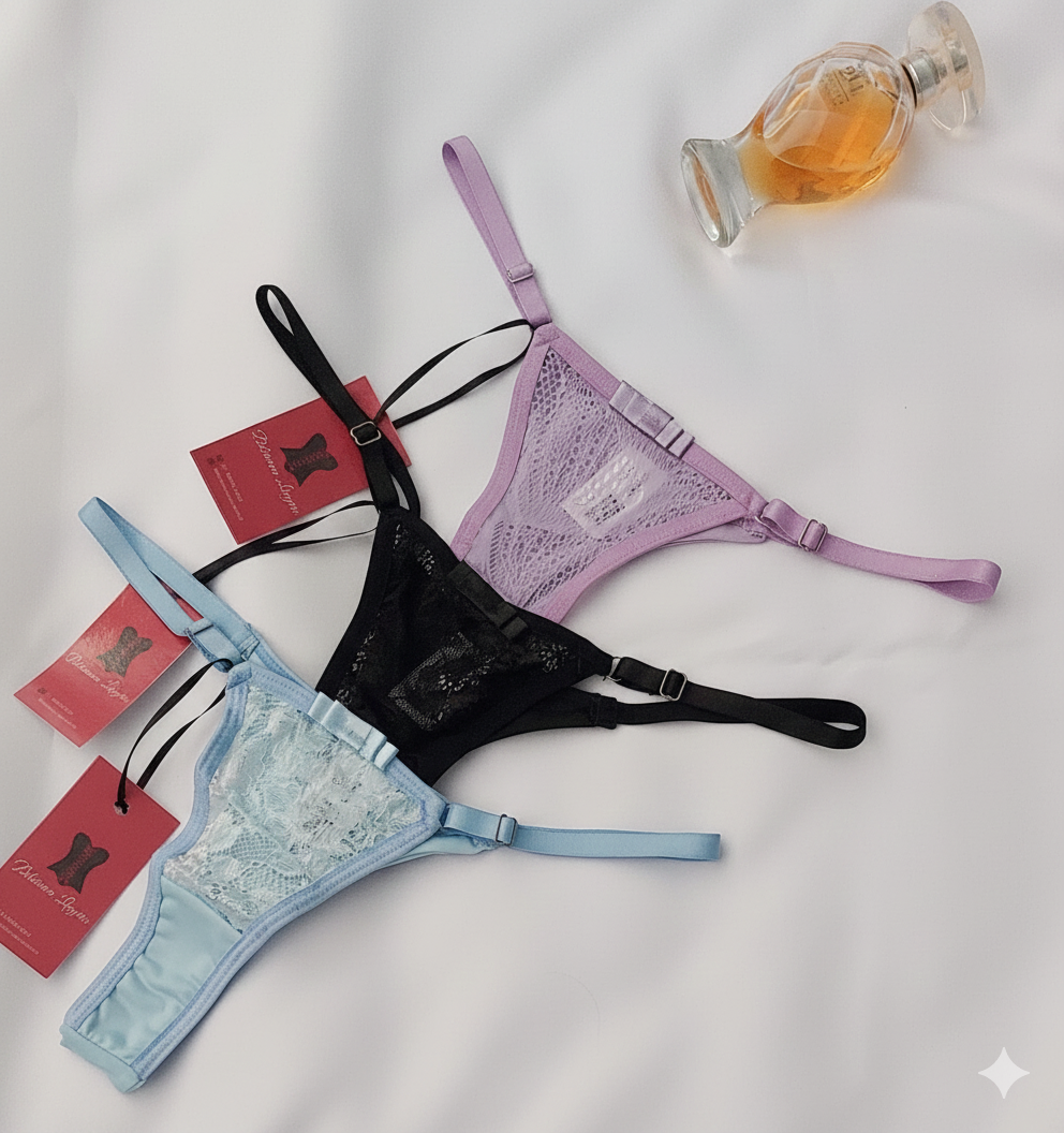 Tanga fio com regulagens nas laterais em microfibra e renda