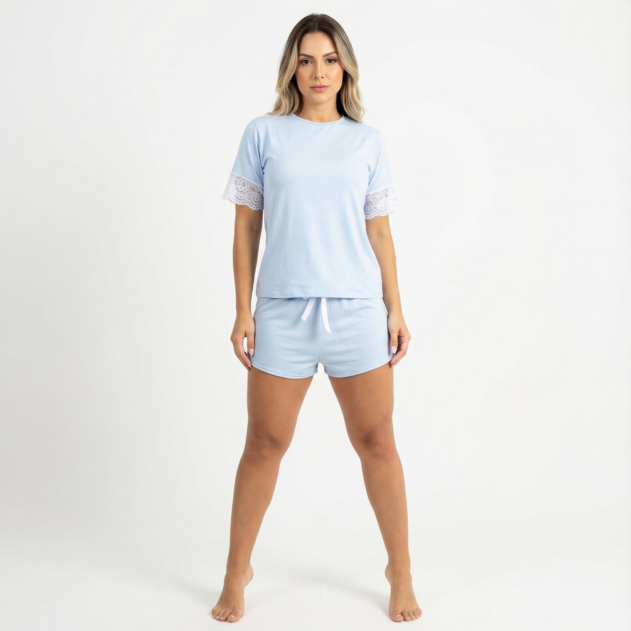 Pijama Baby Doll Feminino Lunare Azul Claro Micro Sensitivy Renda Conforto