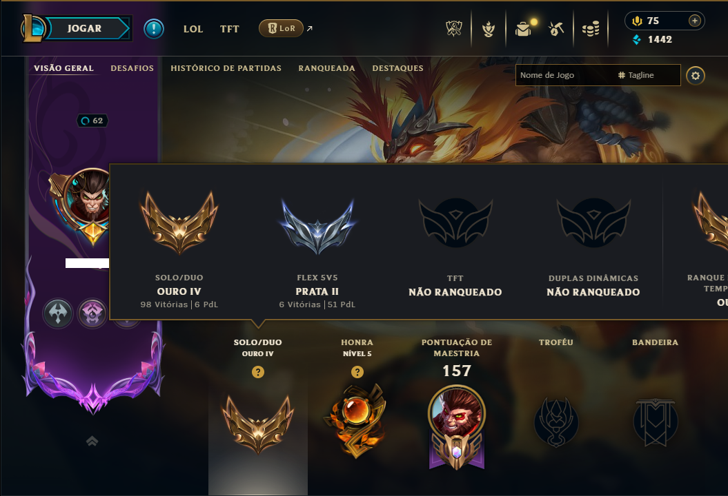 Ouro 4 com 110 Champs e 28 Skins +1 Prestigio da Lux