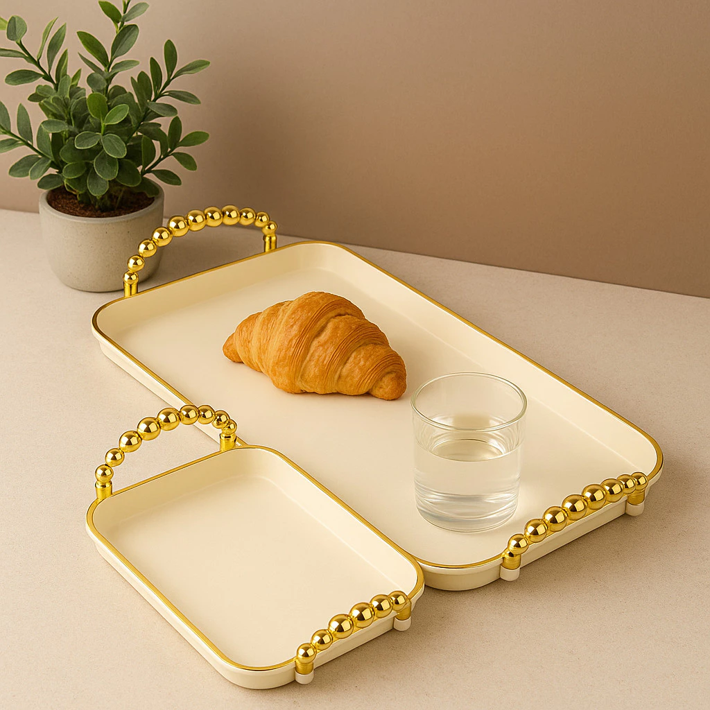 Kit 2 Bandeja Decorativa Branca com Alça Dourada ou Prata Bolinha