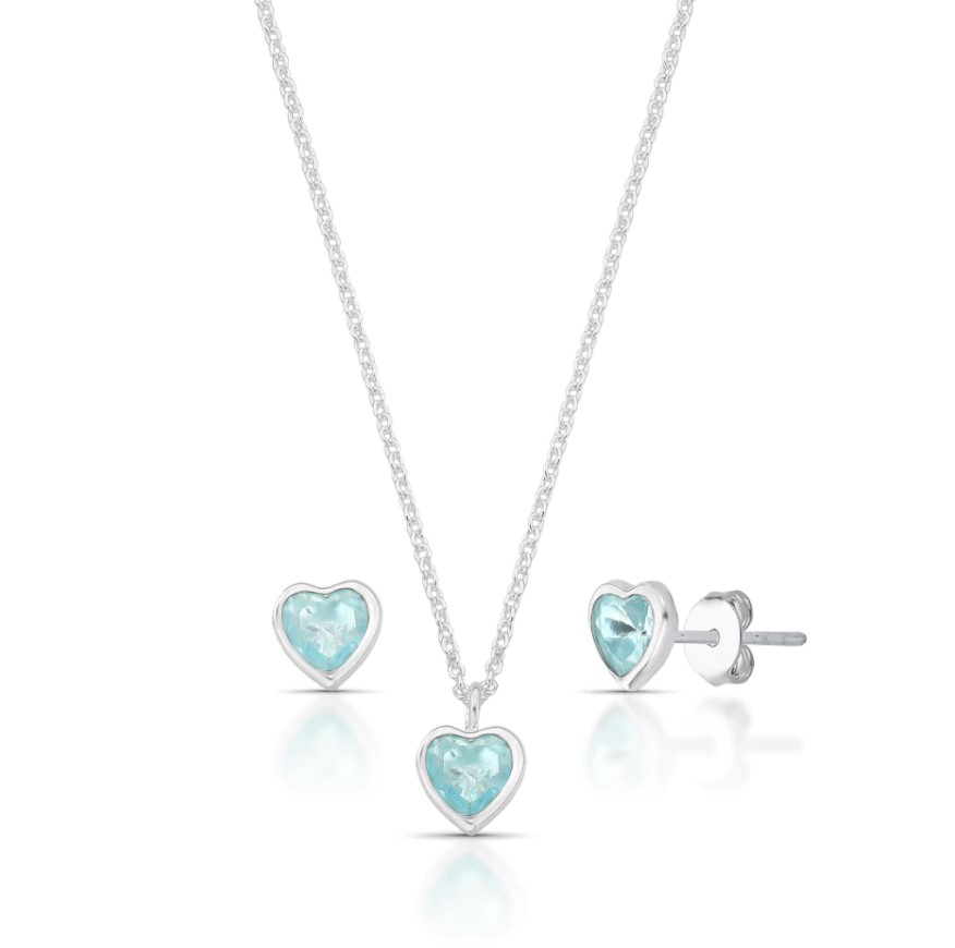 Conjunto Ponto de Luz Coração Azul Claro de Prata