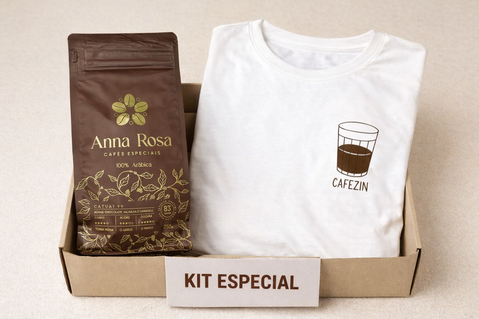 Kit Especial | 1 café especial + 1 Camiseta 100% algodão estampa de café unissex