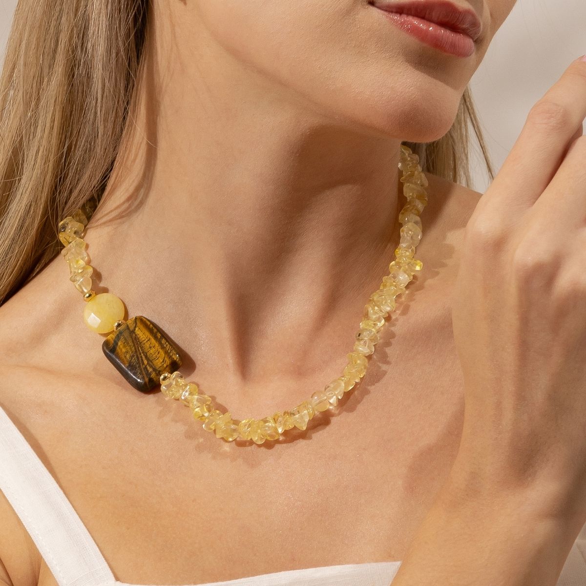 Colar Jade Amarelo e Retângulo Olho de Tigre 44cm