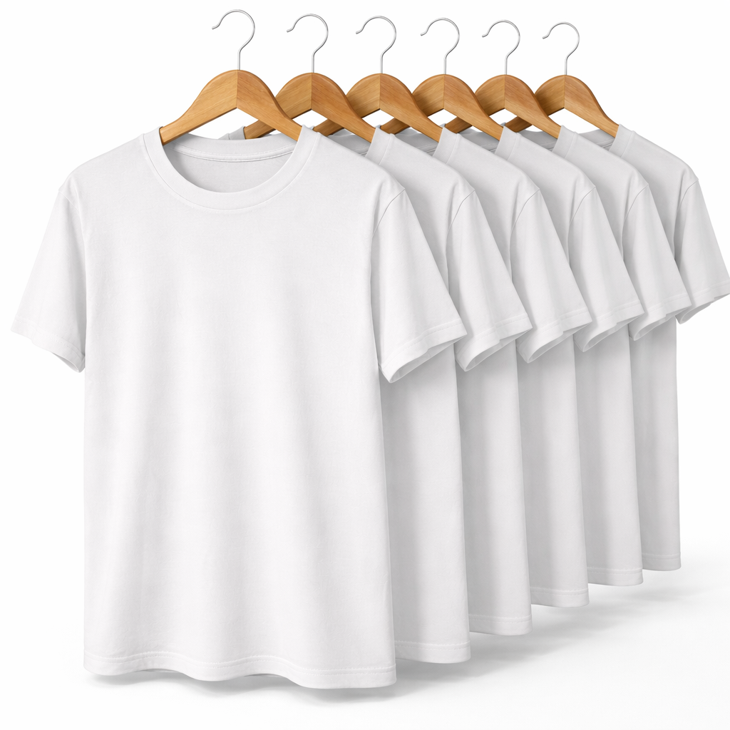 Kit 6 Camisetas Brancas Básicas em Poliviscose (65% Poliéster | 35% Viscose)