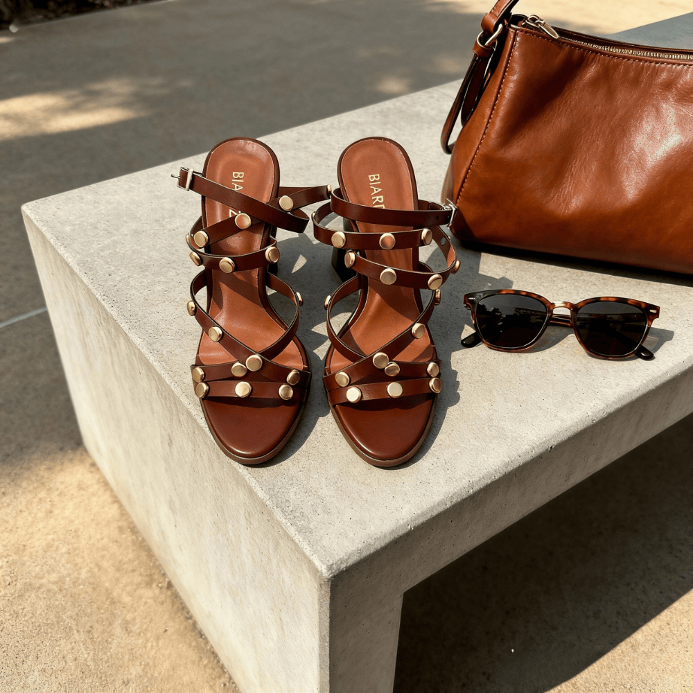 Sandália Block Heel Studded Brown - Coleção Mar & Afeto