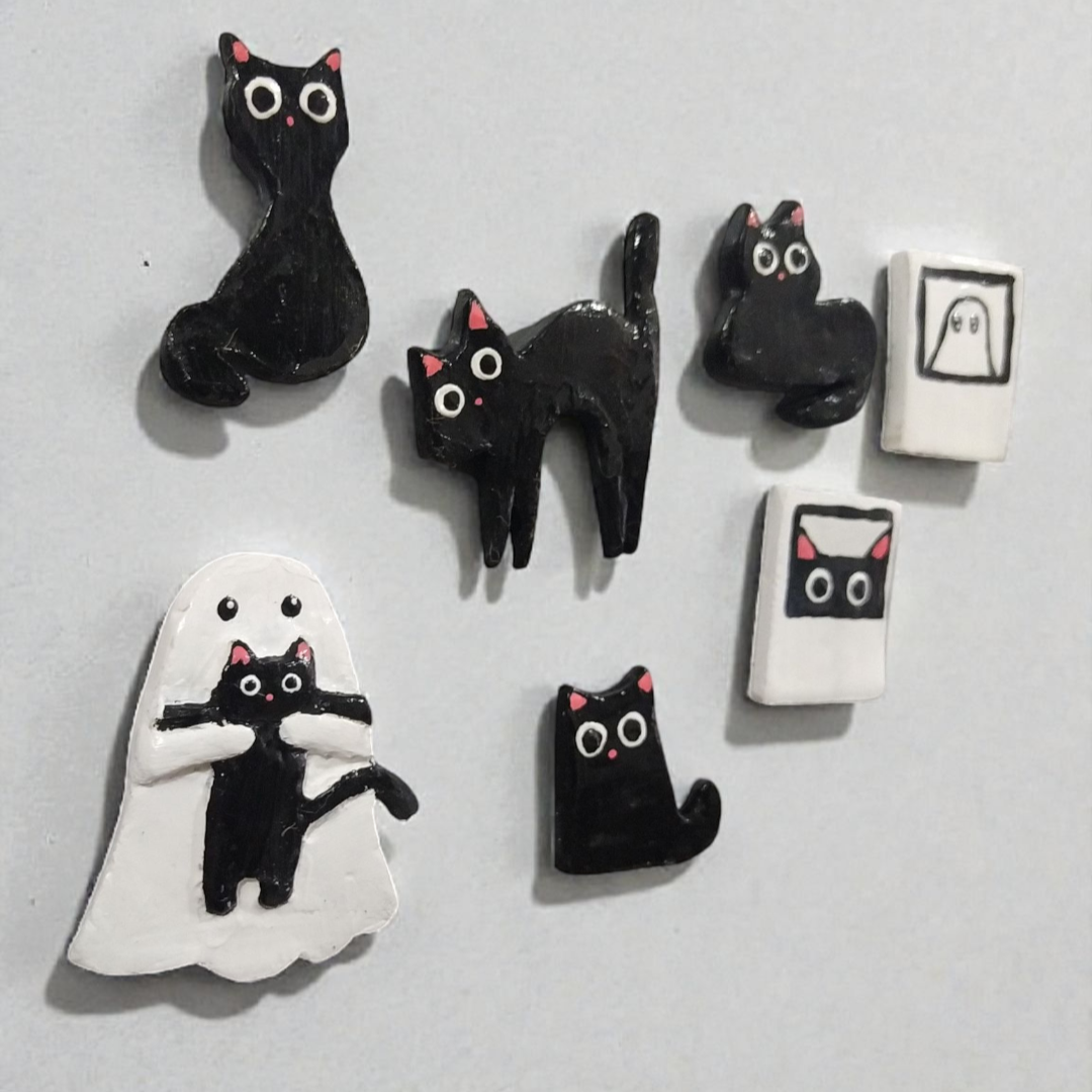 KIT 7 Imãs gatinhos preto e fantasminha