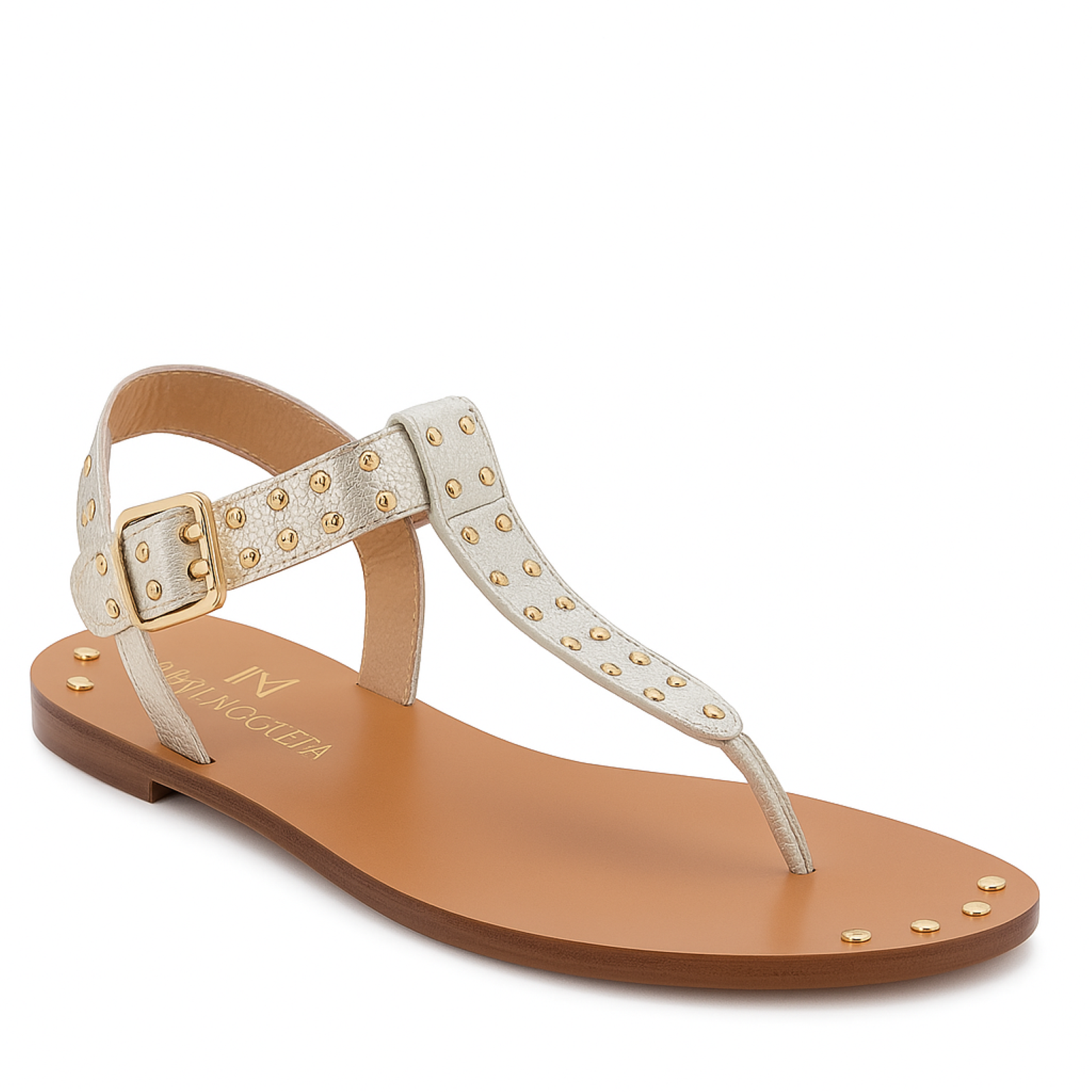 Flat Rasteira em Couro com Tachas Douradas