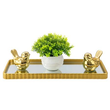 Kit Bandeja Decorativa com Passarinhos Dourados e Vasinho de Planta