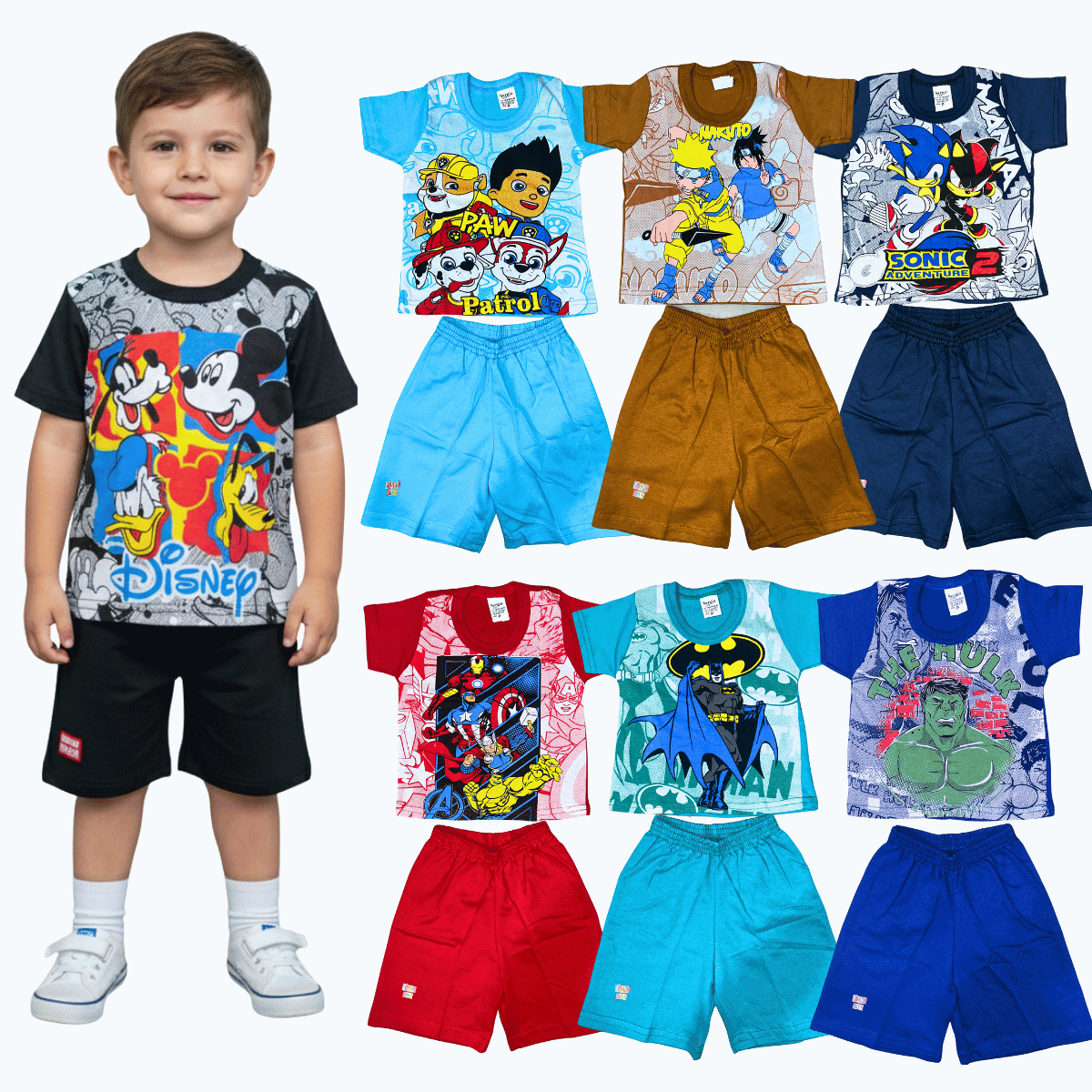 Kit (10 peças) Conjunto Infantil Verão Camisa + Bermuda Estampas Variadas Personagens