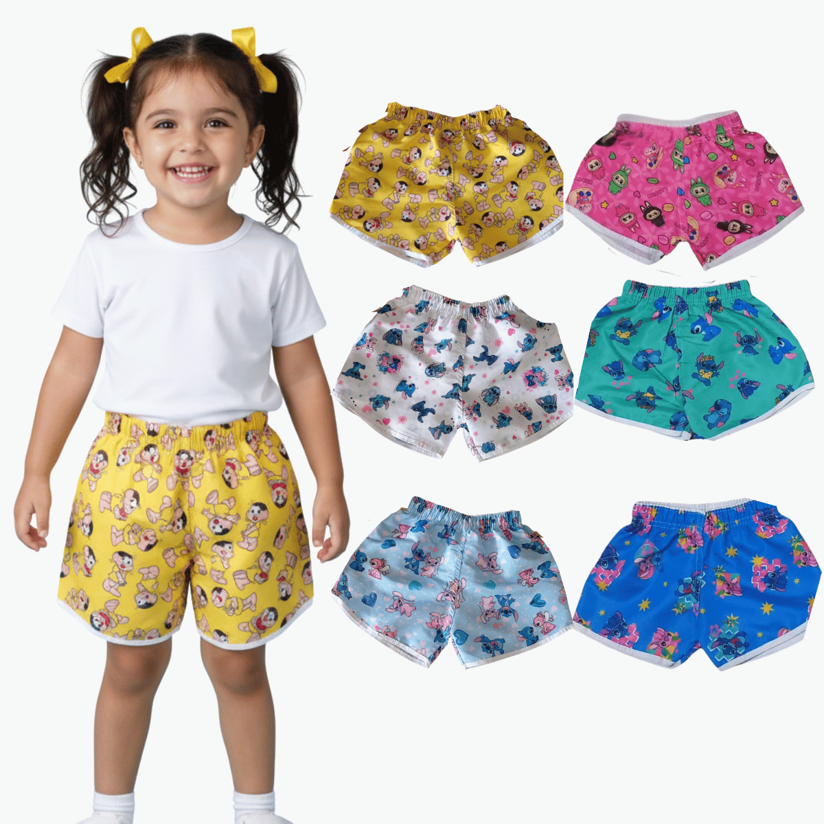Kit 10 Shorts Infantis Tactel Menina Estampado Praia Piscina Casual Secagem Rápida | Vários Modelos Exclusivos