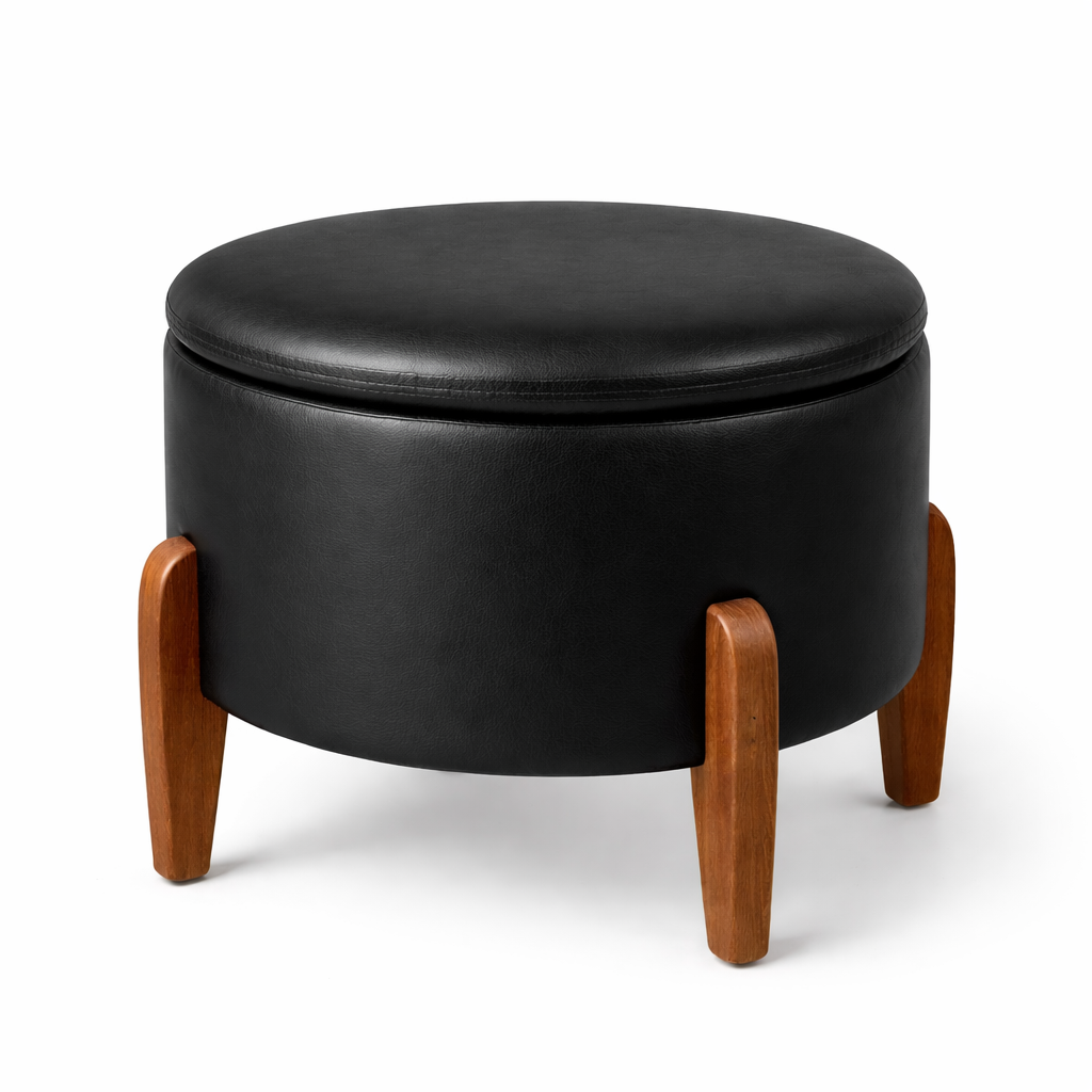 Puff Baú Redondo Organizador Bouclé Corino Pés De Madeira