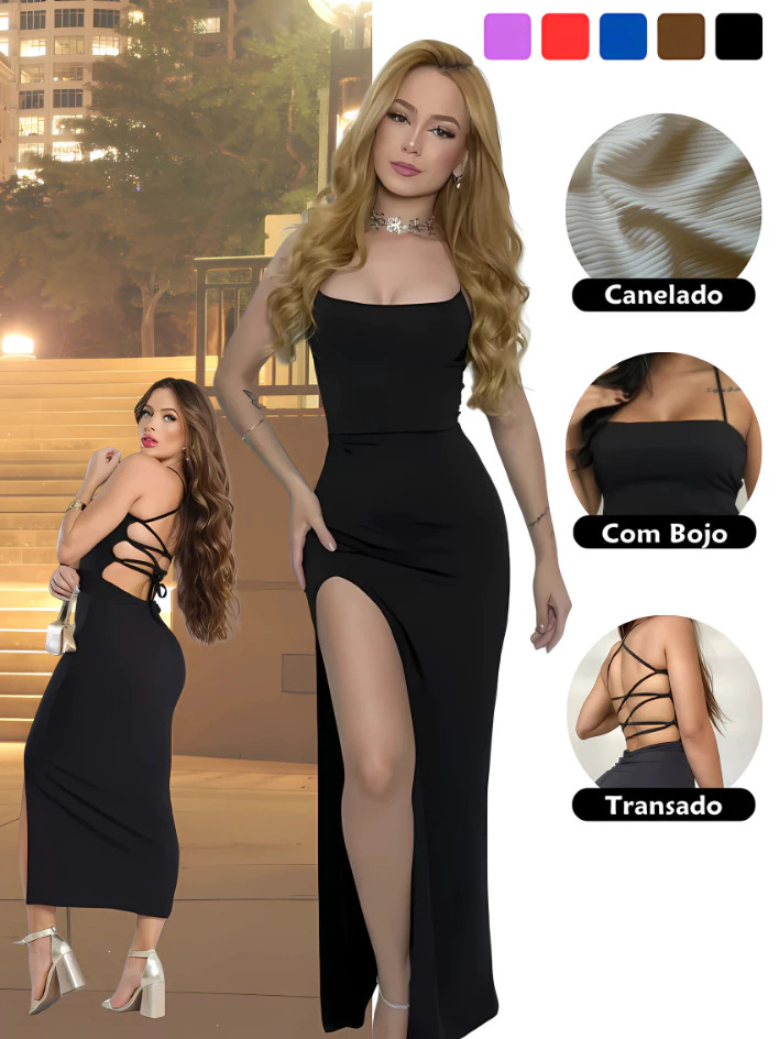 Vestido Longo de Festa   Costas Nuas Trançadas, Fenda Lateral e Caimento Premium