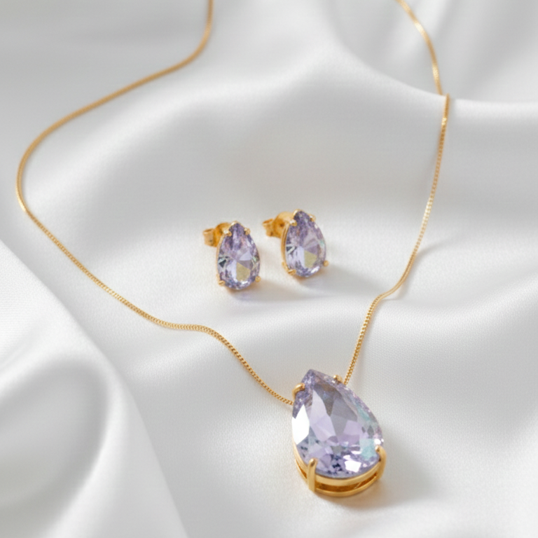 Conjunto de Colar e Brincos em Formato Gota Facetada Cristal Multicolor