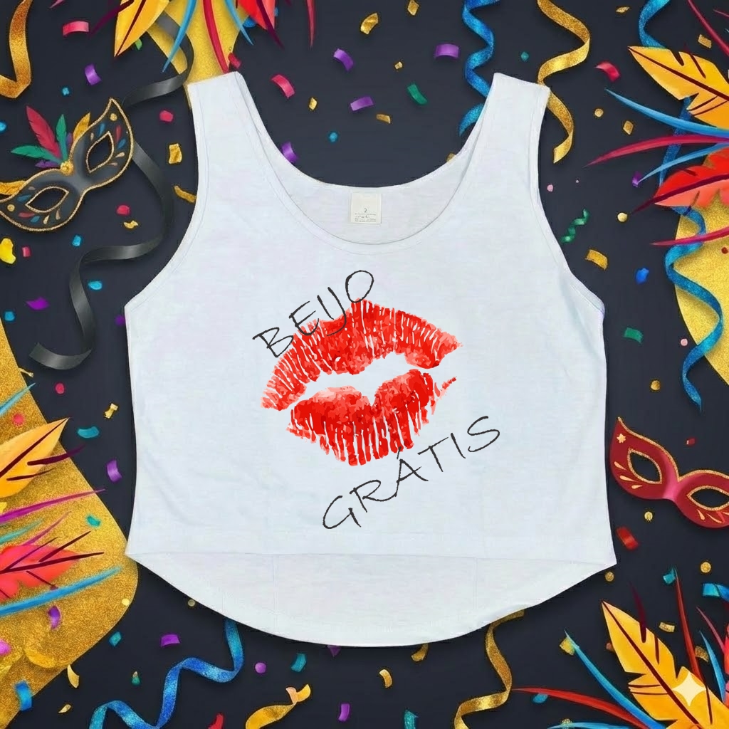 Cropped Feminino "Beijo Grátis" - Estampa Boca Vermelha Carnaval