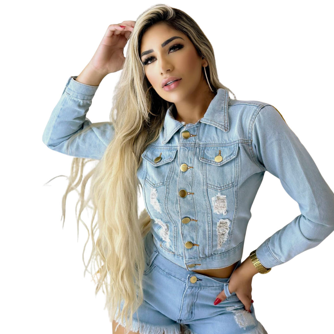 Jaqueta Jeans Feminina Claro Casual Moderna com Bolsos