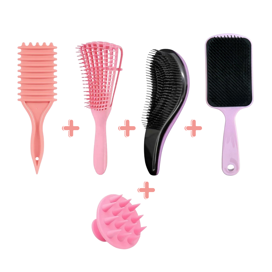 Kit Completo 5 Escovas para Cabelo   Polvo + Fitagem Bounce Curl + Mágica + Raquete + Massageadora