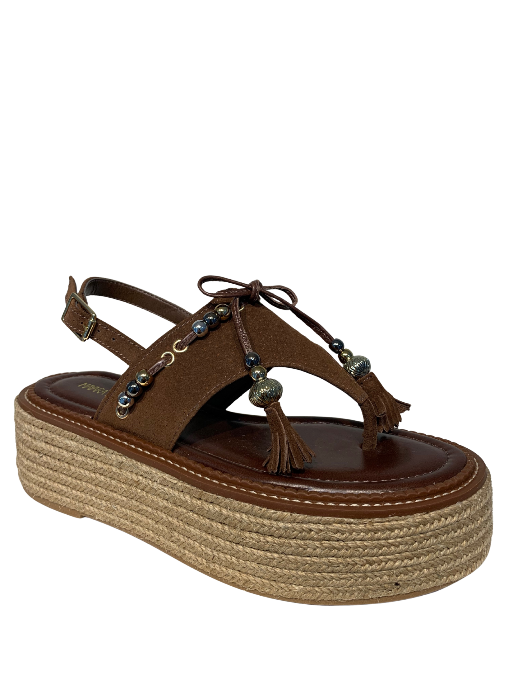 Sandália Flatform em Camurça Marrom com Amarração e Detalhes de Esferas