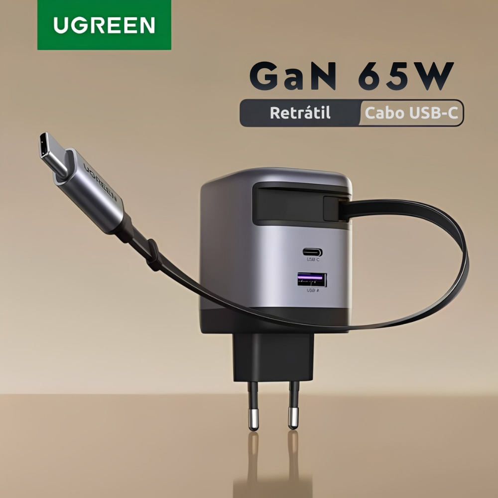 UGREEN Carregador GaN com Cabo USB-C Retrátil