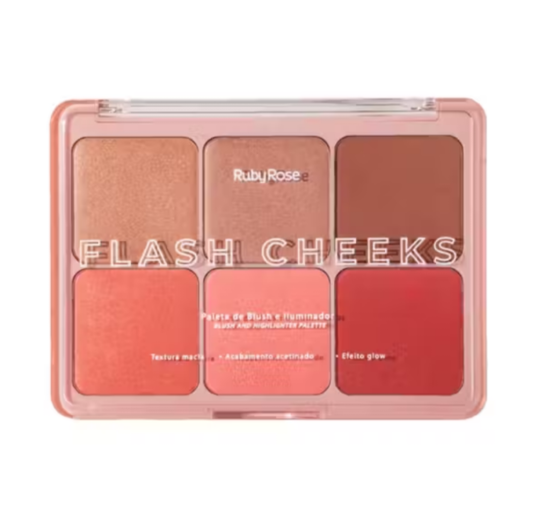 Paleta De Blush e Iluminador Flash Cheeks RubyRose 6 Cores Efeito Glow
