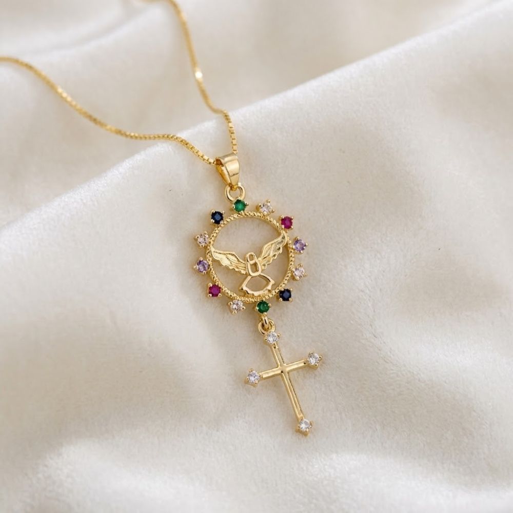 Colar Espirito Santo com Cruz + BRINDE CAIXINHA DE FLORES