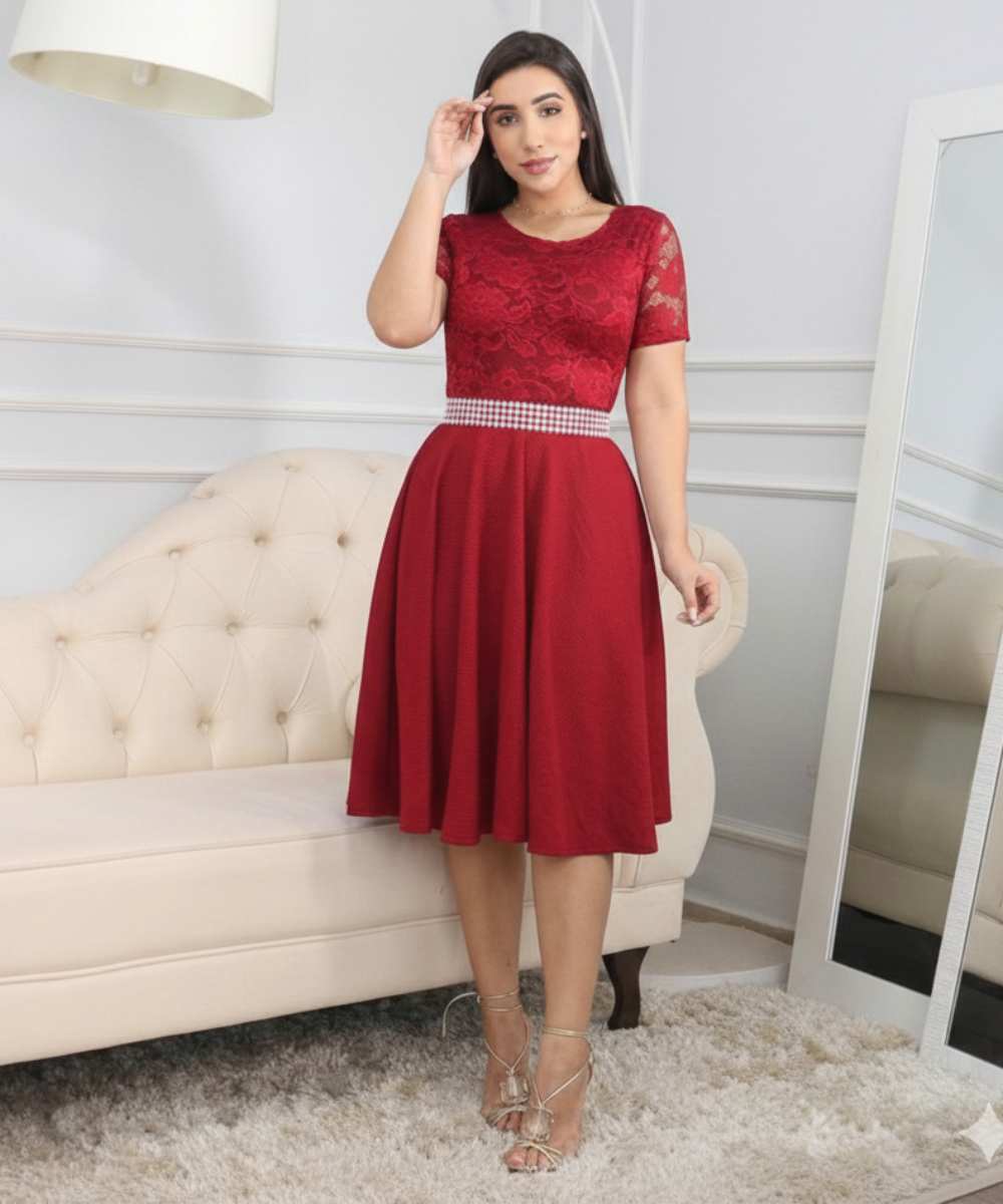 Vestido Midi Vermelho Piquet c/Renda - Kezia